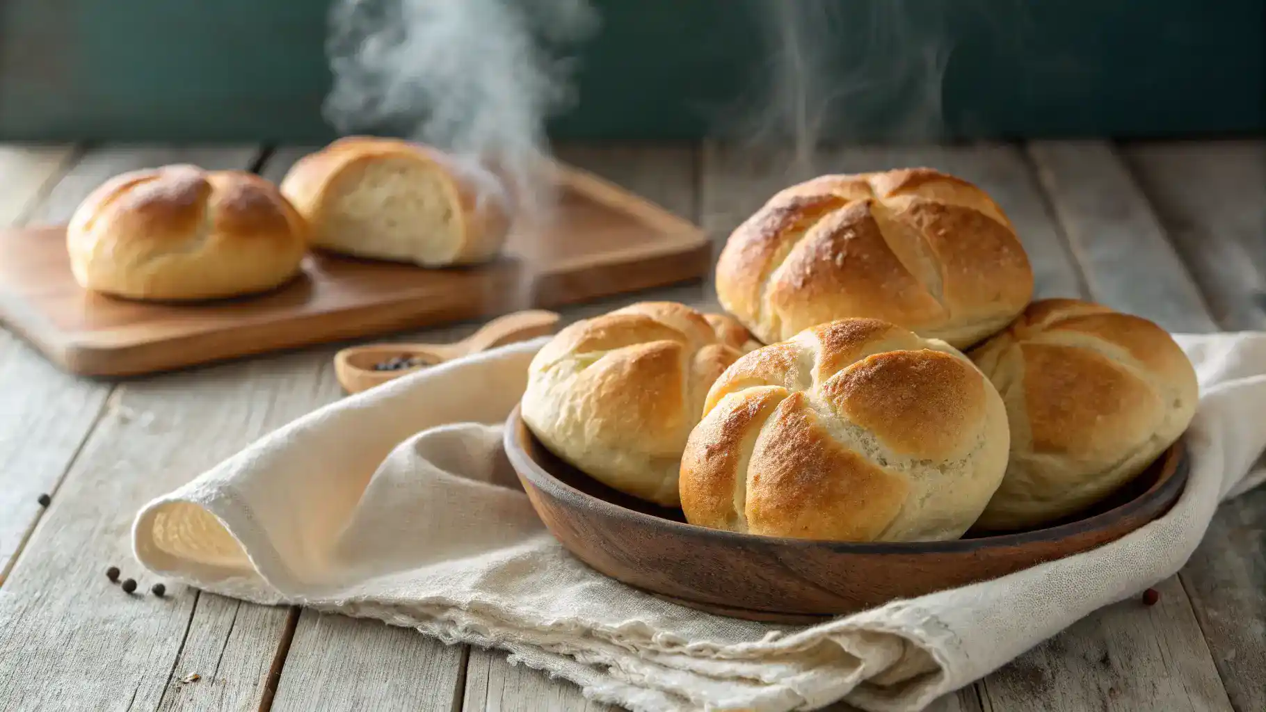 Freshly baked Kaiser Rolls on a wooden table.
