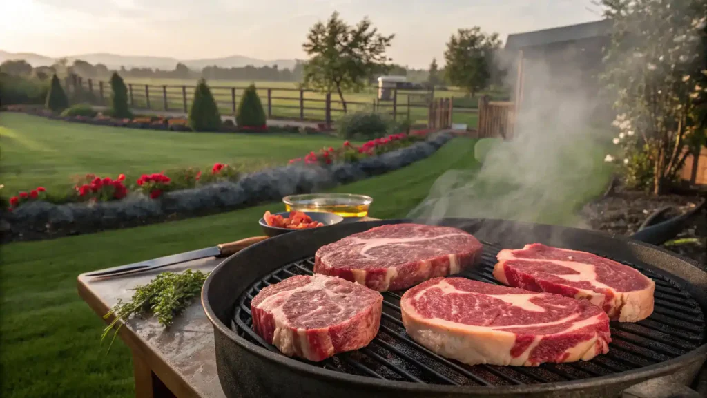 Grilling Riverbend Ranch steaks on a BBQ grill, showcasing their juicy texture and perfect sear.