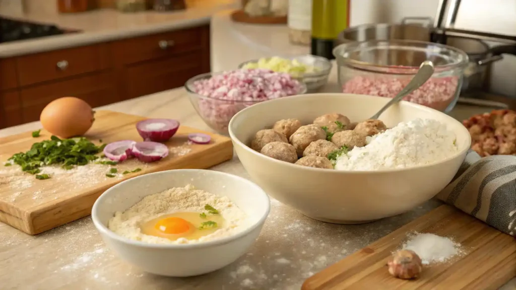 A bowl of mixed ingredients for Amylu chicken meatballs, including ground chicken, breadcrumbs, and herbs.
