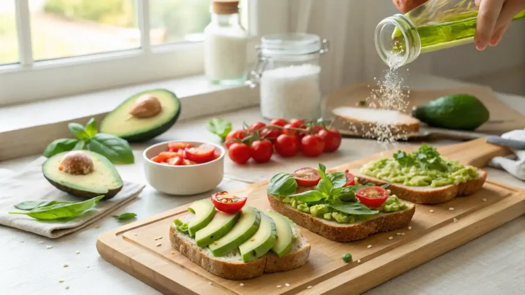 Step-by-step process of making avocado toast with ingredients and preparation steps.