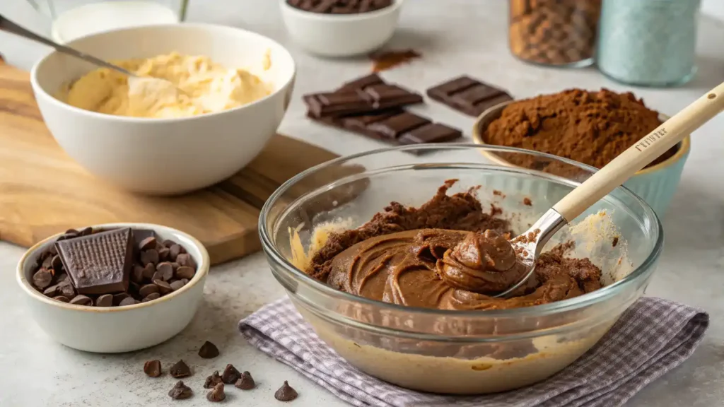 A step-by-step process of making brownie batter dip with ingredients displayed.