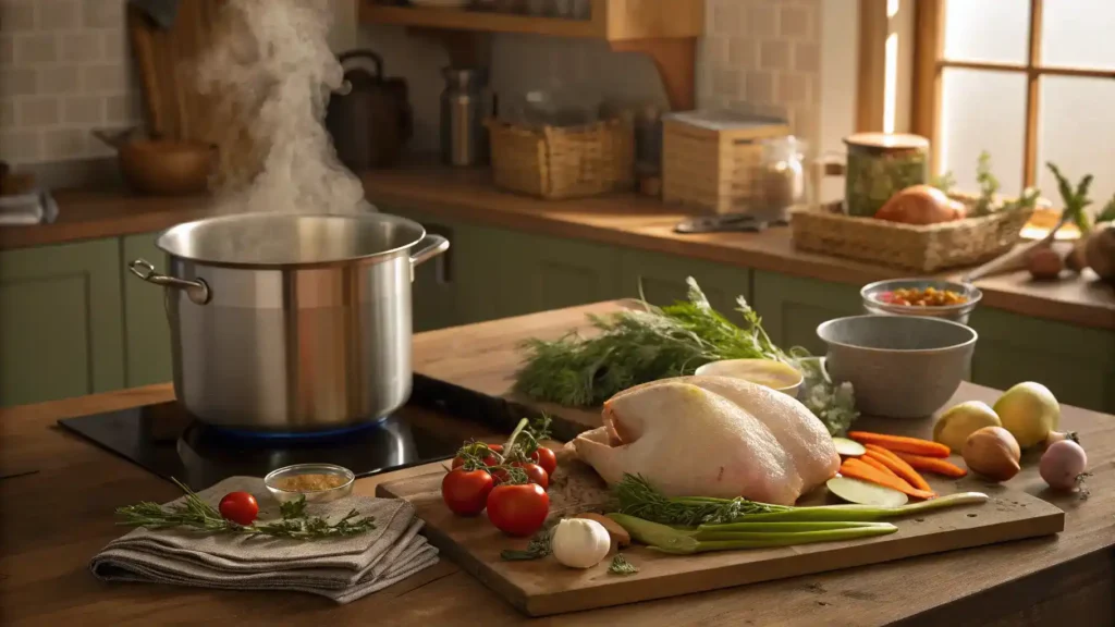 Ingredients and steps for making caldo de pollo, including chicken, vegetables, and herbs.