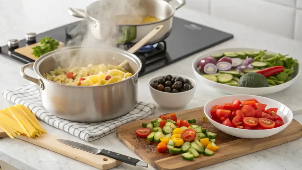 A step-by-step process of making Cold Italian Pasta Salad, showcasing boiling pasta, chopped vegetables, and dressing.