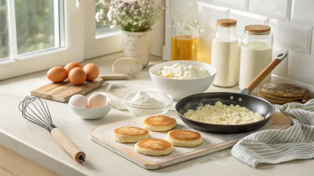 Ingredients and steps for making cottage cheese pancakes displayed in a bright kitchen.