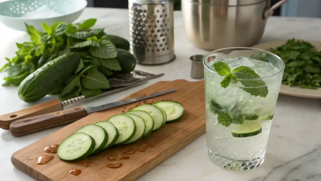 A step-by-step guide to making a Cucumber Mint Vodka Spritz, showcasing ingredients and preparation.