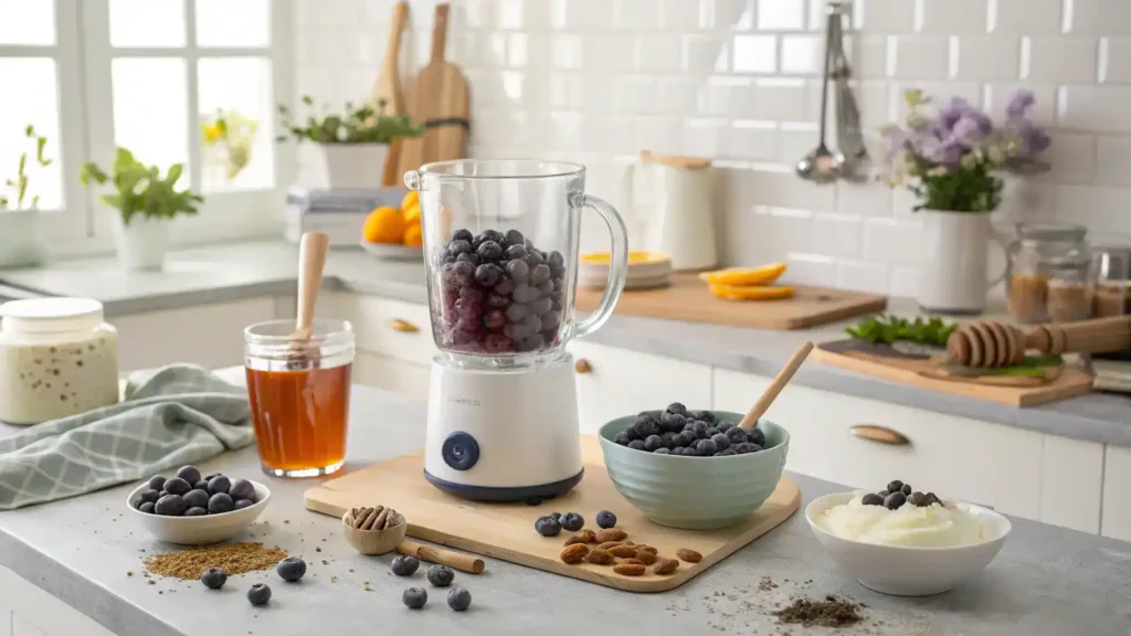 A blender filled with frozen blueberries, Greek yogurt, honey, and vanilla extract, ready to be blended into a refreshing dessert.