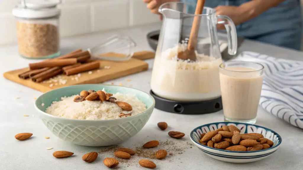 Step-by-step process of making horchata with ingredients like rice, almonds, and cinnamon.