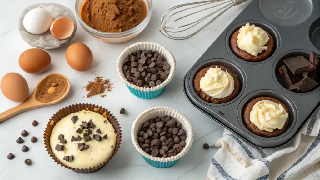Step-by-step process of making Loaded Brownie Cheesecake Cups, including mixing ingredients and layering.