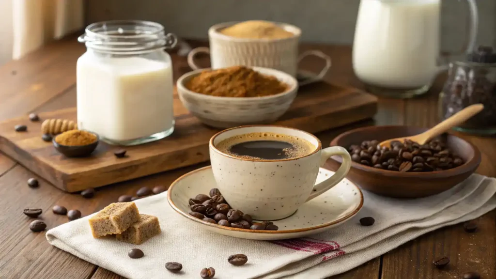 A cup of Miso-Spiked Coffee surrounded by ingredients like miso paste and coffee beans.