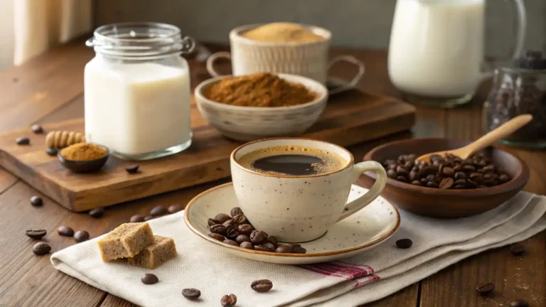 A cup of Miso-Spiked Coffee surrounded by ingredients like miso paste and coffee beans.