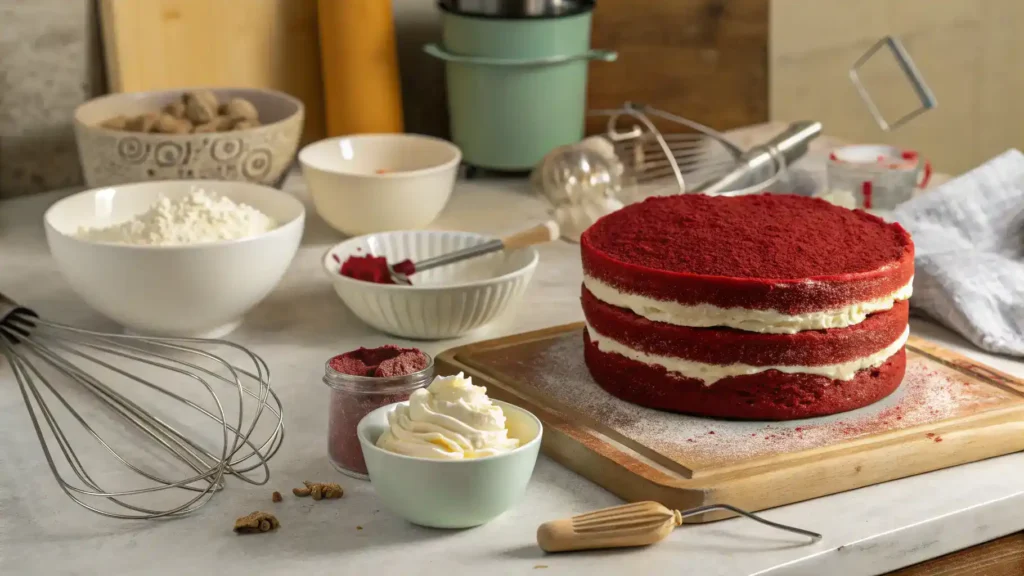 A vibrant red velvet cake batter being mixed in a bowl with ingredients scattered around.