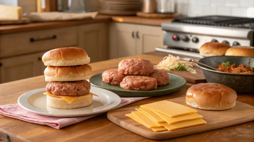 A step-by-step guide to making savvy sliders with ingredients laid out on a kitchen counter.