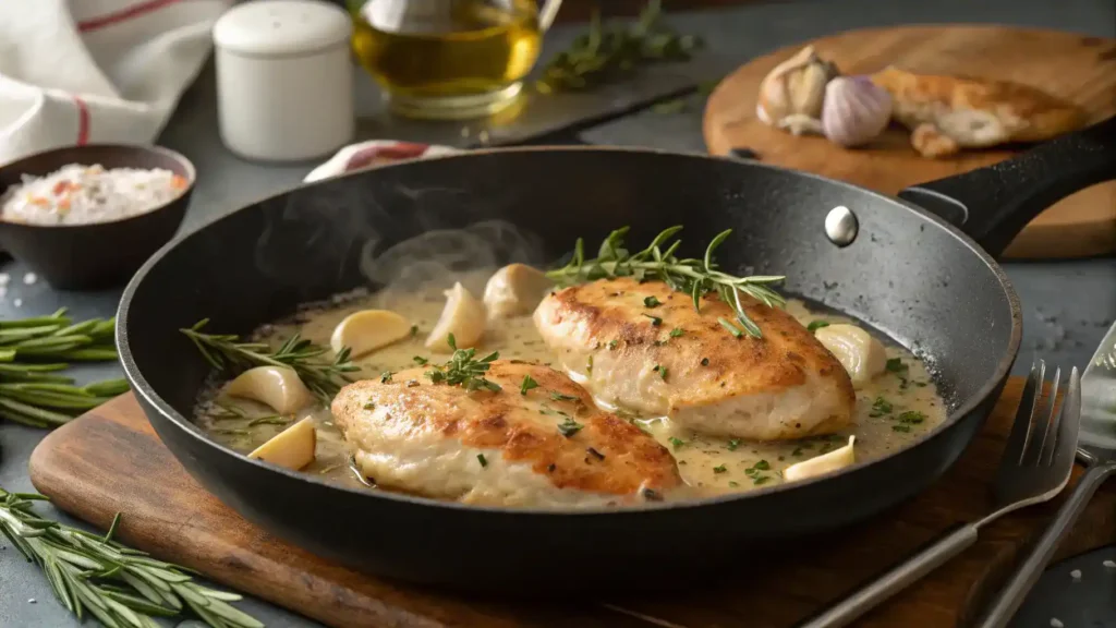 A step-by-step process of making Skillet Creamy Chicken, showcasing ingredients and cooking steps.