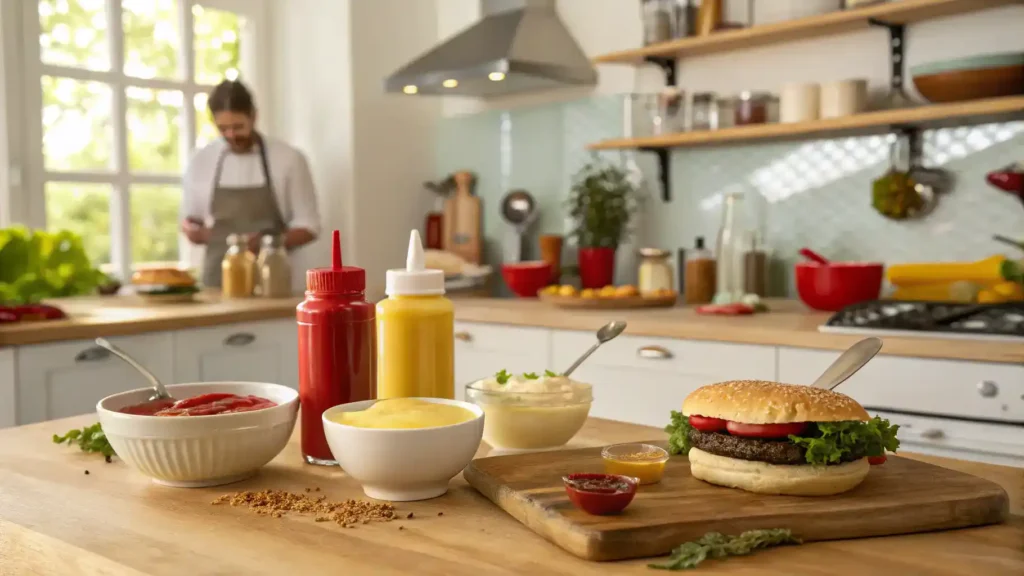 A bowl of freshly made smash burger sauce with ingredients scattered around.