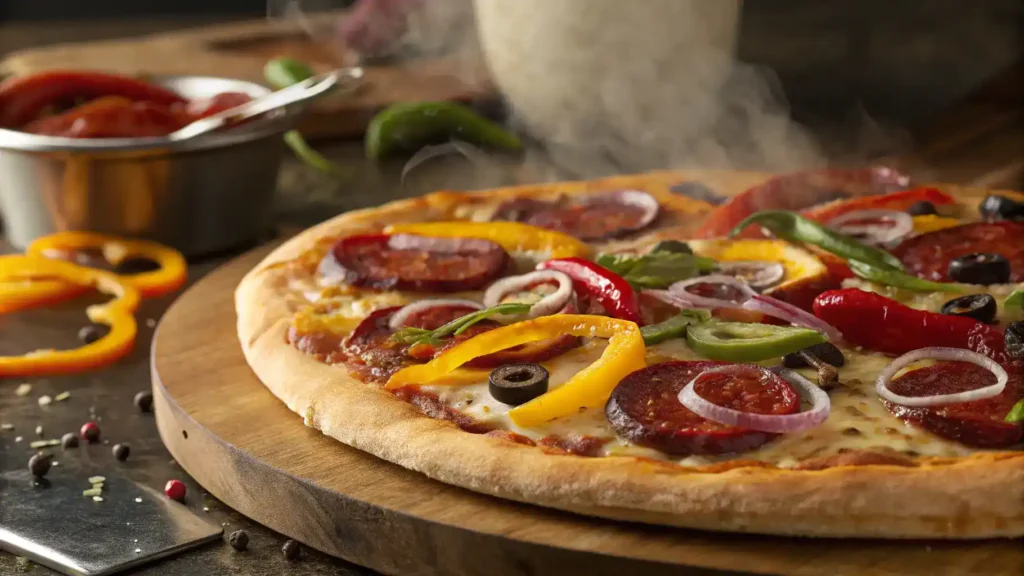 A step-by-step preparation of Spicy Chorizo Pizza, highlighting the fresh ingredients and cooking techniques.