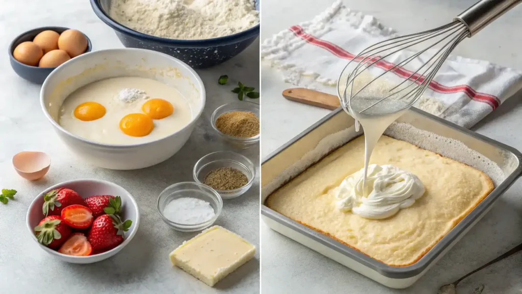 Step-by-step process of making tres leches cake, including ingredients and baking steps.