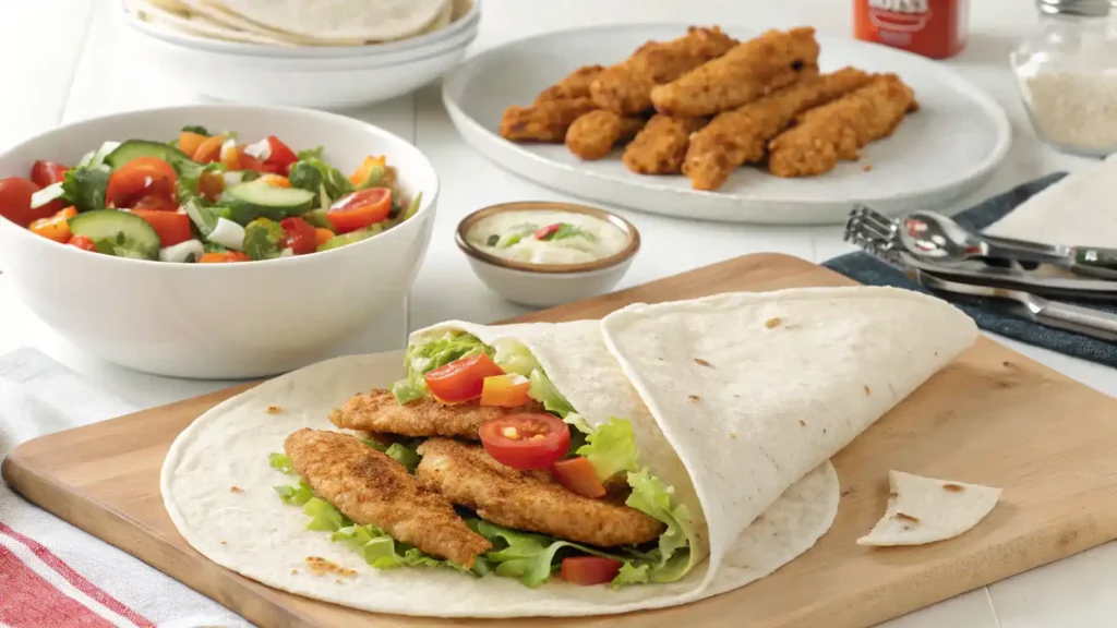 Step-by-step process of making a crispy chicken wrap with ingredients laid out.