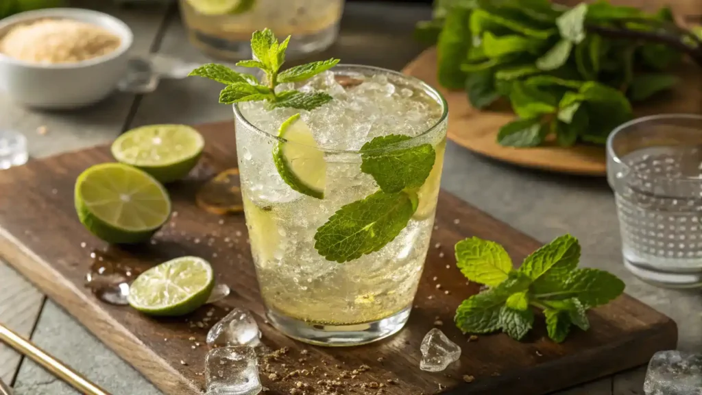 A refreshing Kombucha Mojito being prepared with fresh mint leaves and lime.