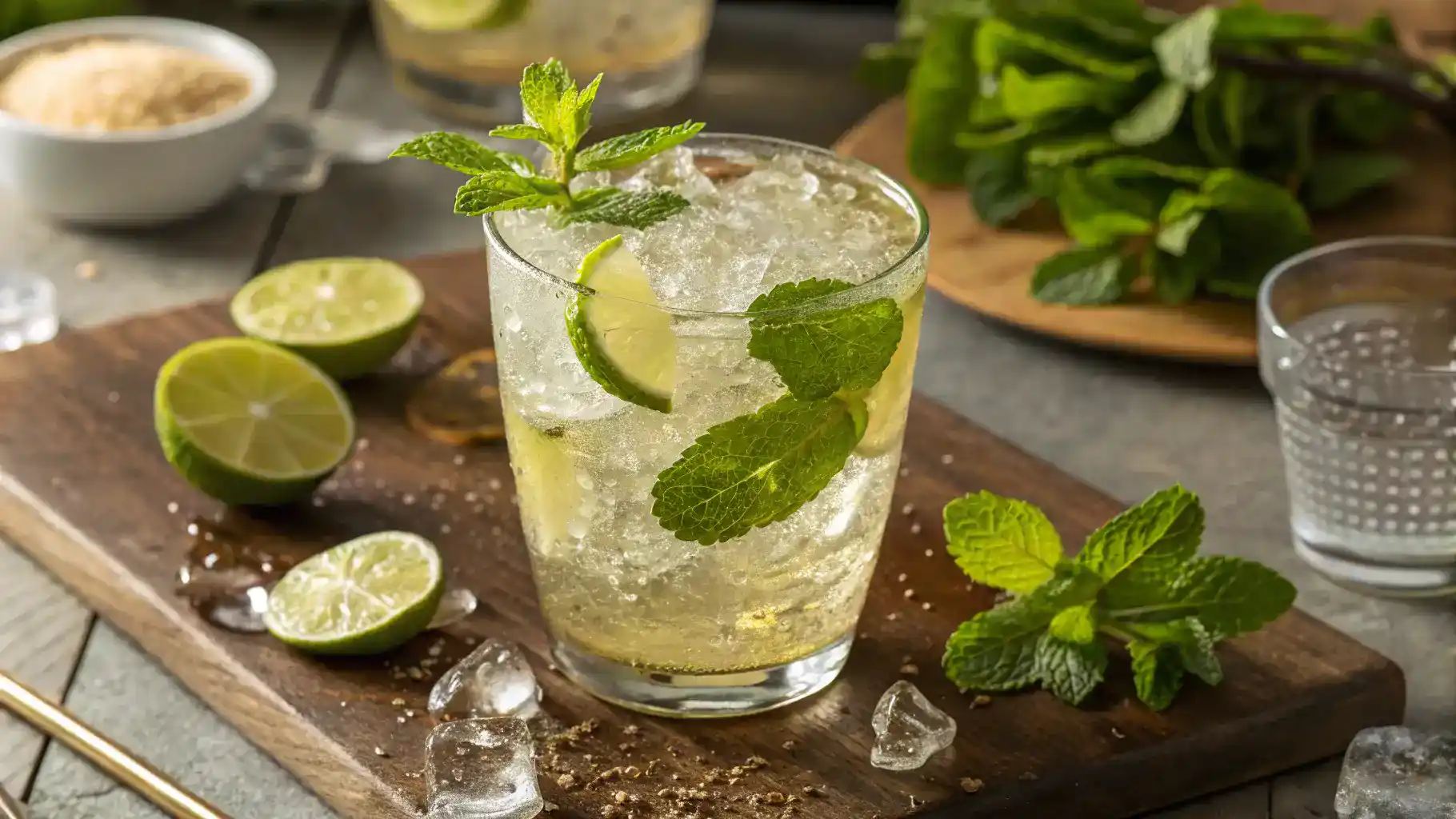 A refreshing Kombucha Mojito being prepared with fresh mint leaves and lime.