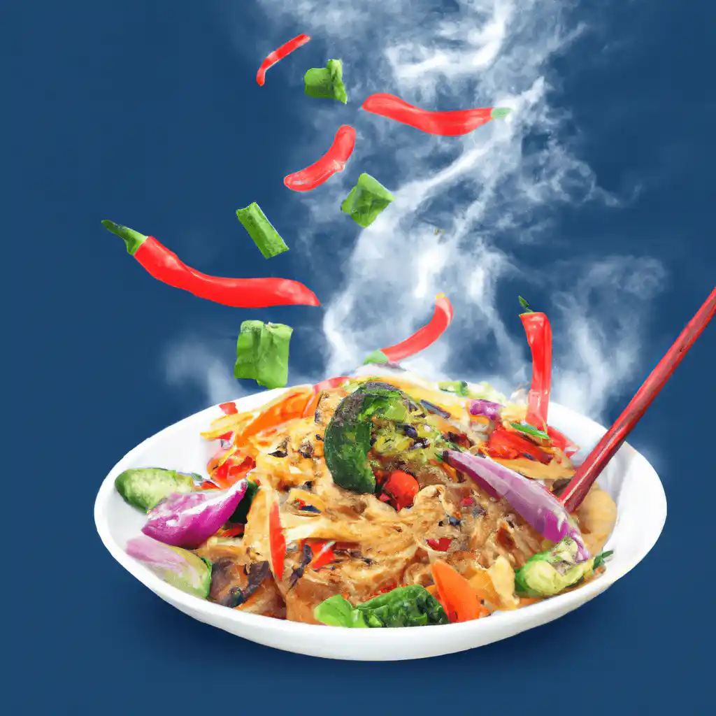 A vibrant plate of kung fu noodles with colorful vegetables and garnishes.