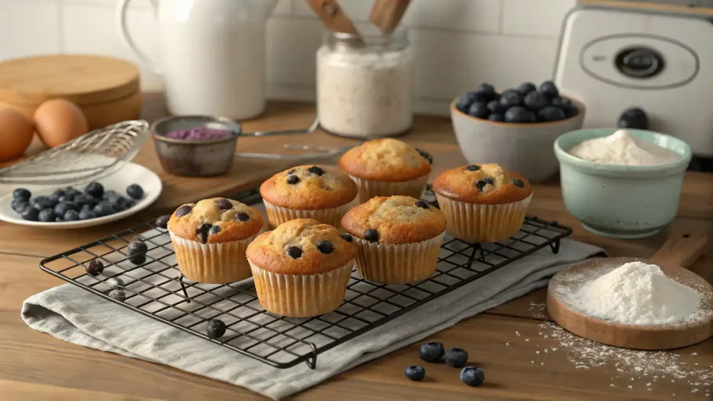 Freshly baked blueberry muffins cooling on a wire rack in a cozy kitchen setting.
