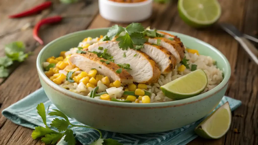 A delicious Street Corn Chicken Rice Bowl with layers of rice, chicken, and street corn mixture, garnished with cilantro and lime.
