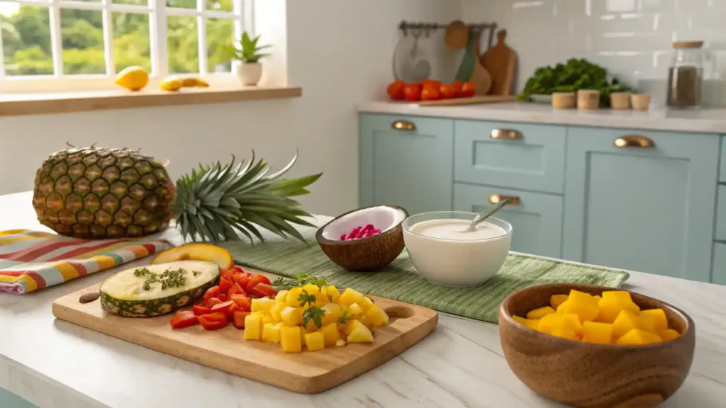 A vibrant Hawaiian dish being prepared with fresh ingredients.