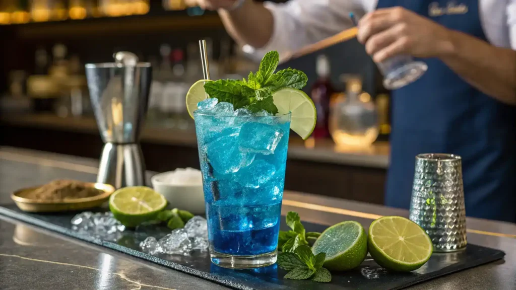 A beautifully garnished Royal Blue Cocktail served in a tall glass.