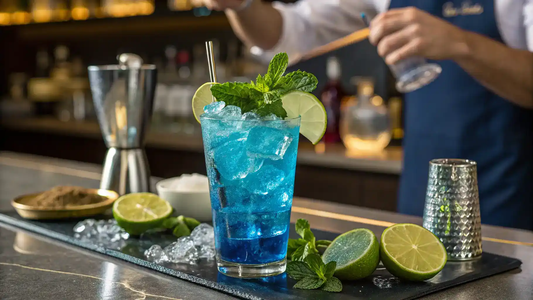 A beautifully garnished Royal Blue Cocktail served in a tall glass.