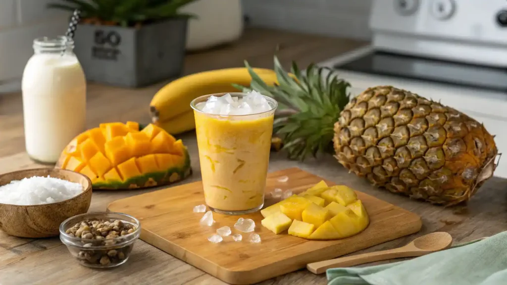 Preparation of the Siren of the Tropics drink with fresh fruits and coconut milk.