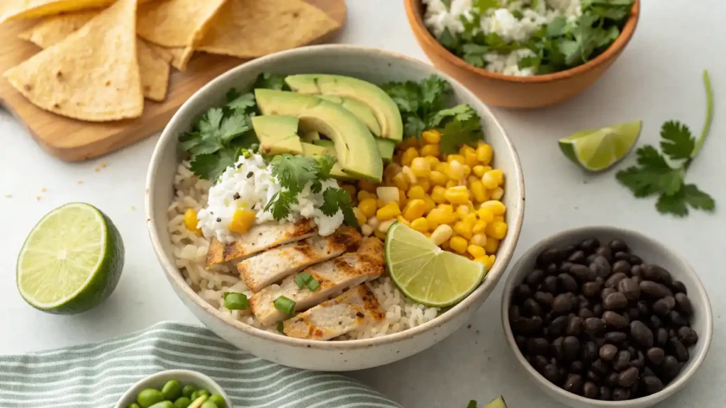 Serving suggestions for Street Corn Chicken Rice Bowl with garnishes and sides.