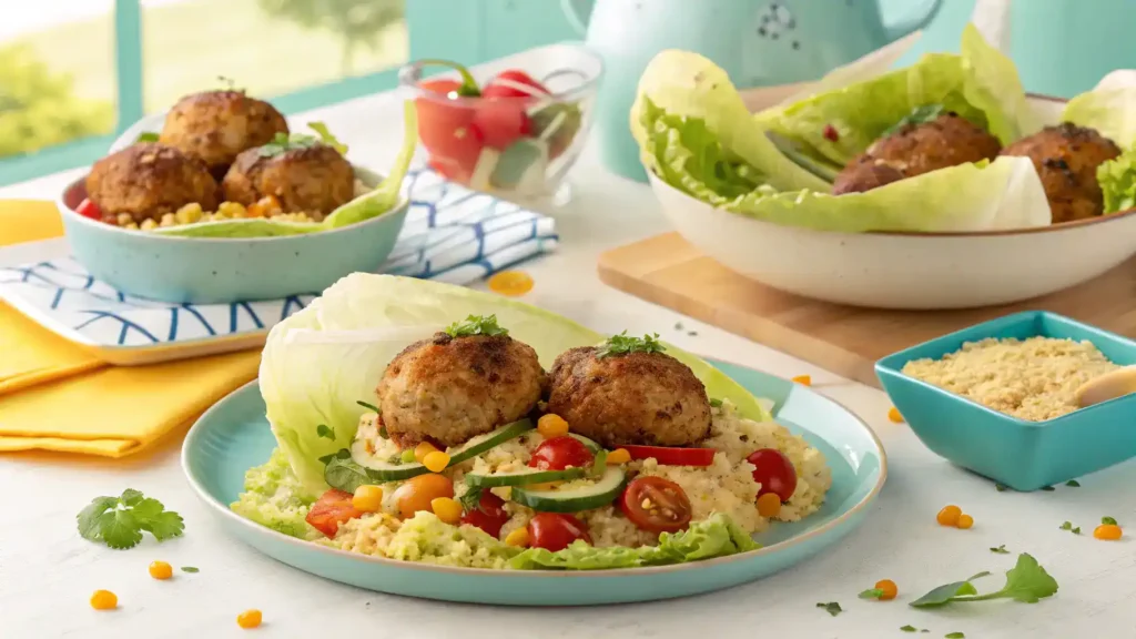 An engaging image illustrating a chef's hands mixing ingredients for Amylu chicken meatballs, surrounded by fresh herbs and spices.