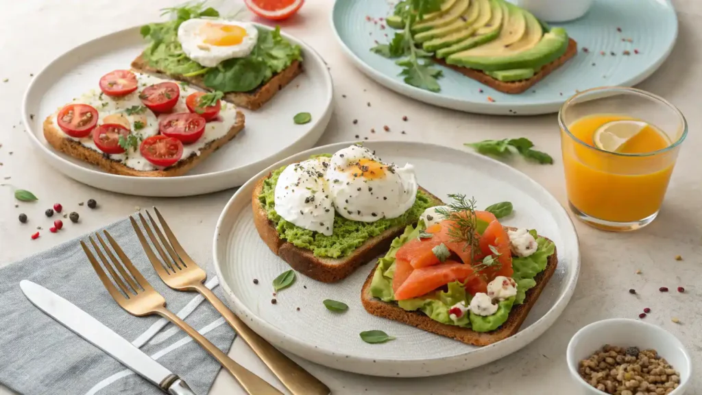 Serving suggestions for avocado toast with various toppings.