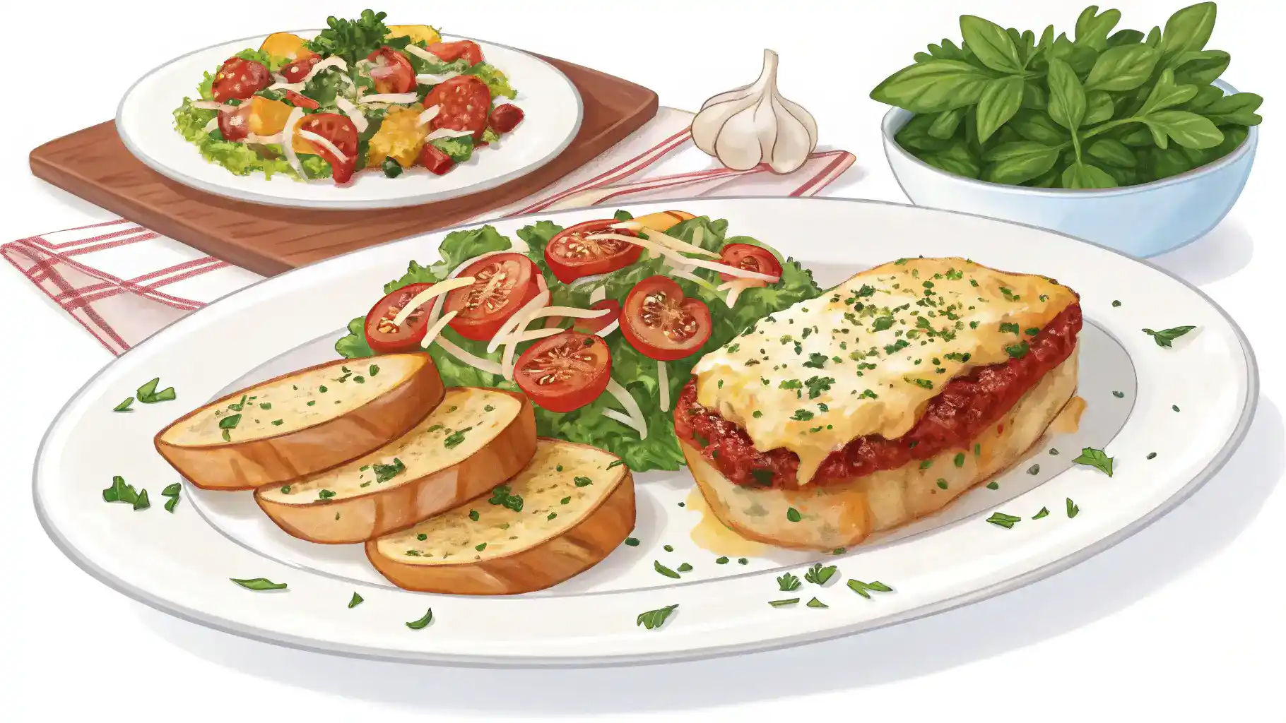 A plate of Bigroni served with a side salad and garlic bread.