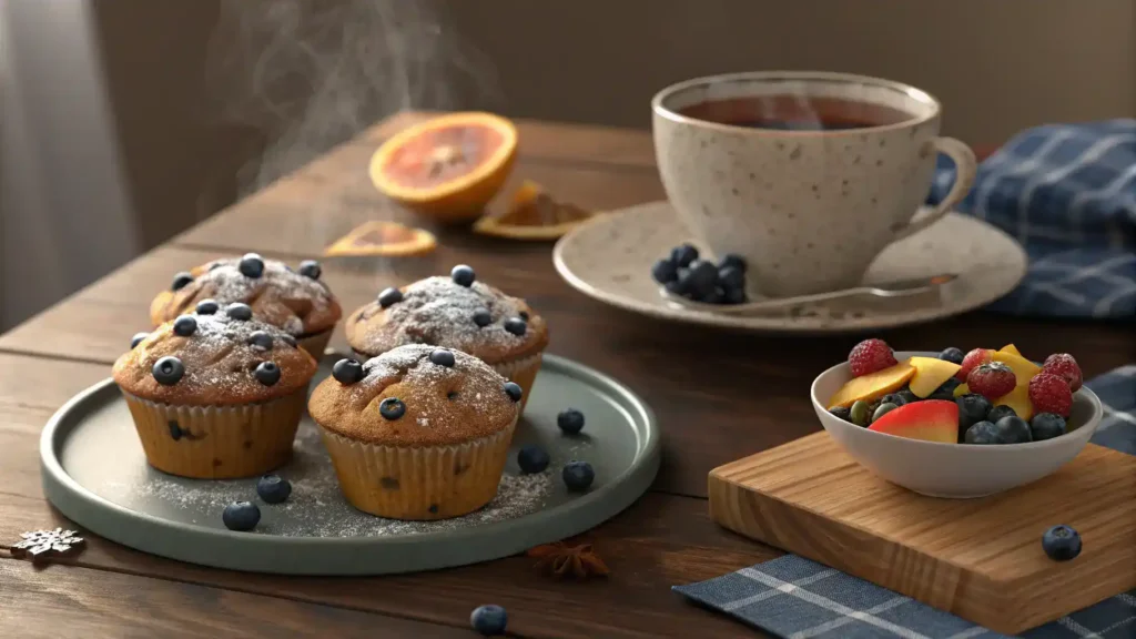 Blueberry muffins served with tea and fruit salad.