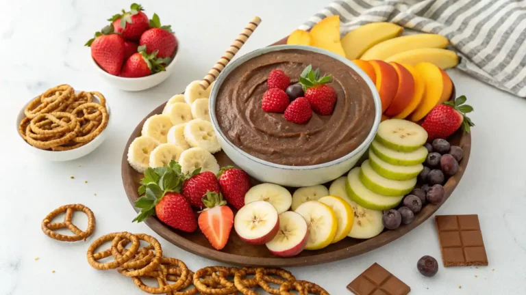 Different serving suggestions for brownie batter dip with fruits and crackers.