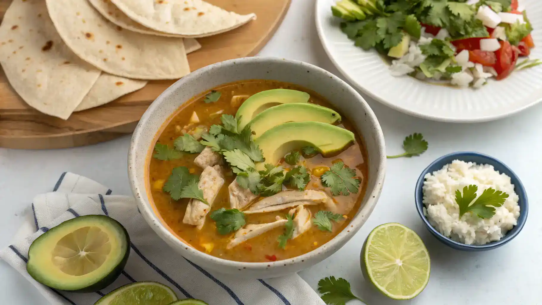 Serving suggestions for caldo de pollo with garnishes and sides.