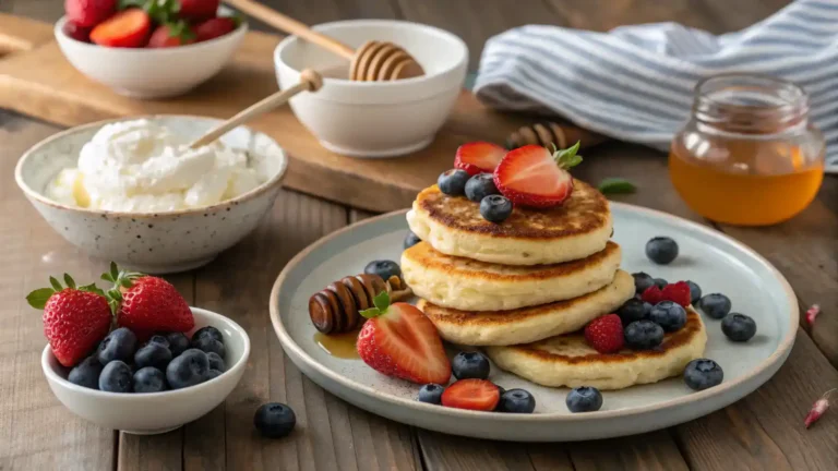 Cottage cheese pancakes served with a variety of toppings on a breakfast table.