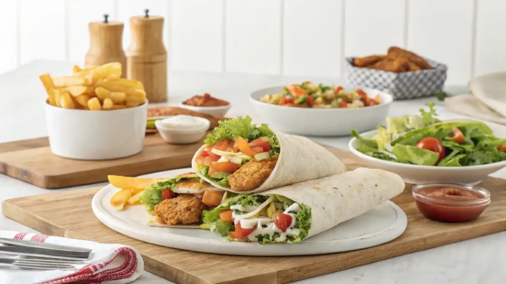 Serving suggestions for crispy chicken wrap with sides.