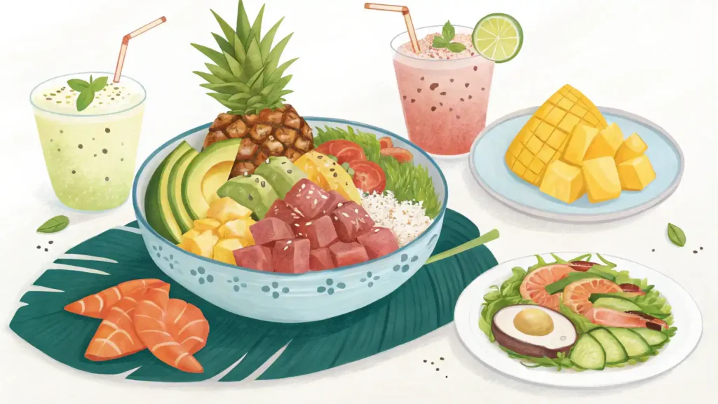 A beautifully plated Hawaiian dish with serving suggestions.