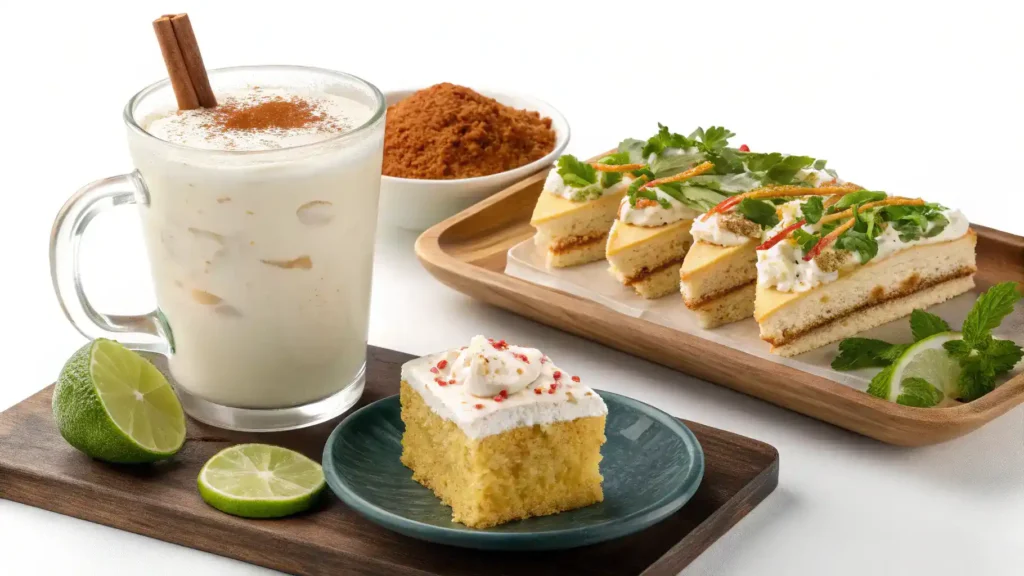 Horchata served with tacos and tres leches cake.