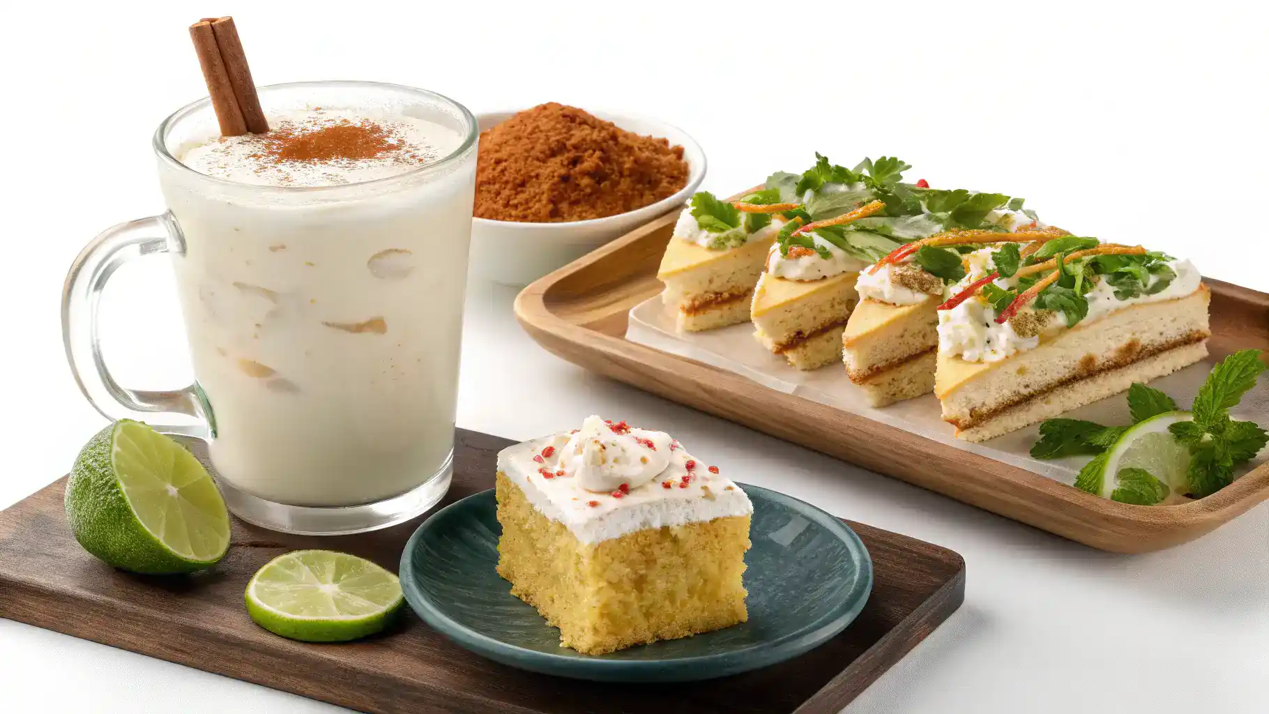 Horchata served with tacos and tres leches cake.