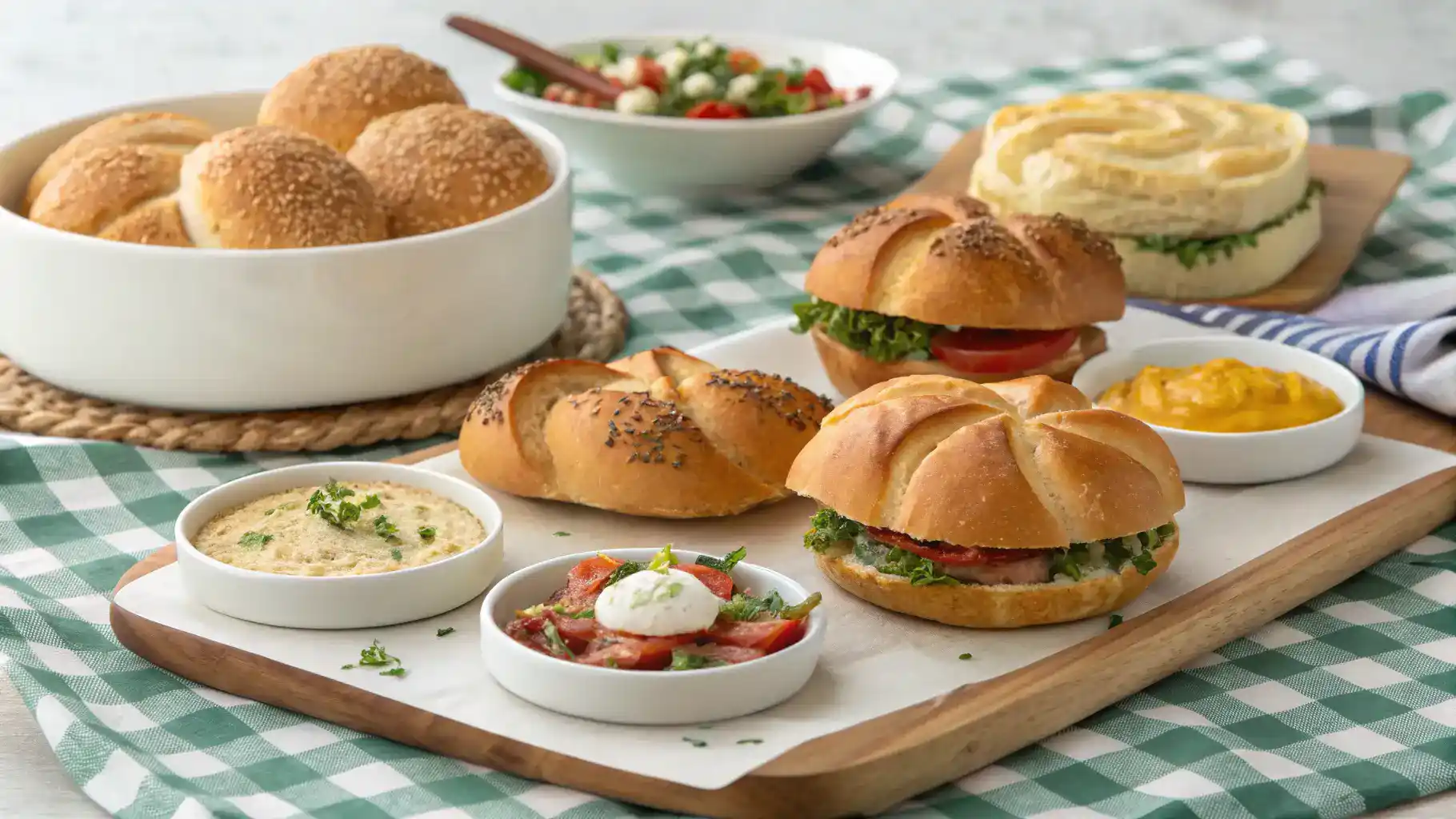 Serving suggestions for Kaiser Rolls, including sandwiches and dips.