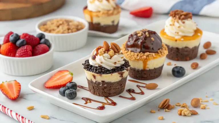 Serving suggestions for Loaded Brownie Cheesecake Cups with whipped cream, chocolate drizzle, and fresh berries.