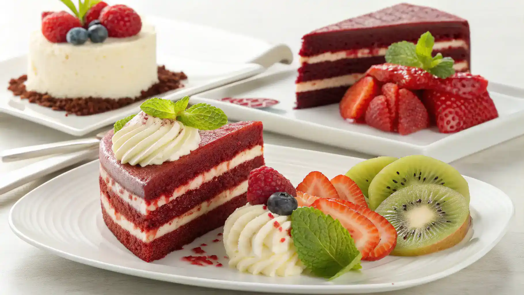 Serving suggestions for red velvet cake including ice cream, berries, and chocolate sauce.