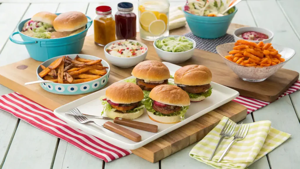 Serving suggestions for savvy sliders with sides and drinks.