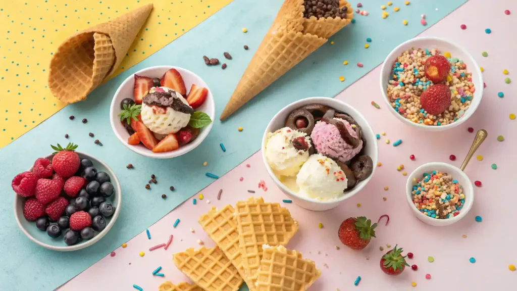 Creative serving ideas for small batch ice cream, featuring cones, toppings, and desserts.