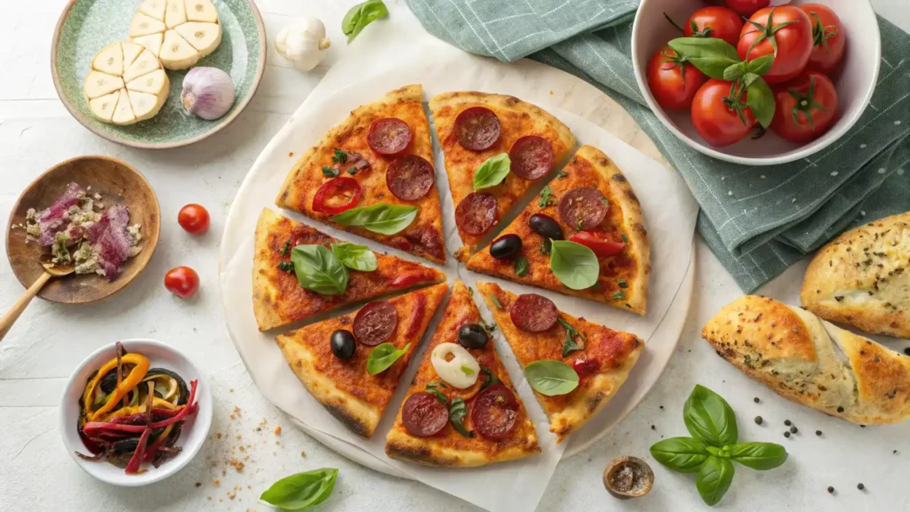 Serving suggestions for Spicy Chorizo Pizza, featuring garnishes and complementary dishes.