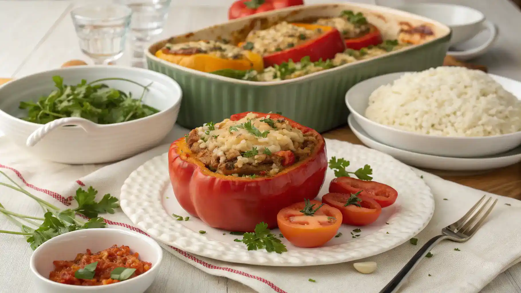 A beautifully arranged table ready to serve Stuffed Pepper Casserole with garnishes and side dishes.