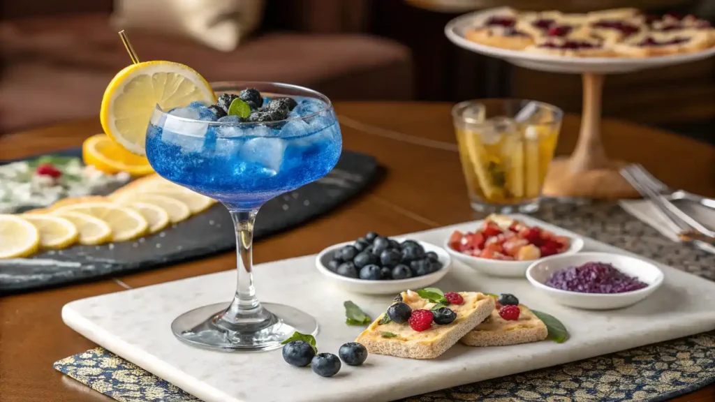 Royal Blue Cocktail served with appetizers on a table.